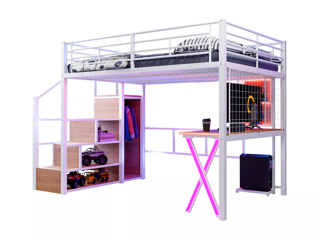 Lit mezzanine 140 x 200 cm avec bureau, penderie, étagères - Lumière d'ambiance - Métal - Blanc (sans matelas)