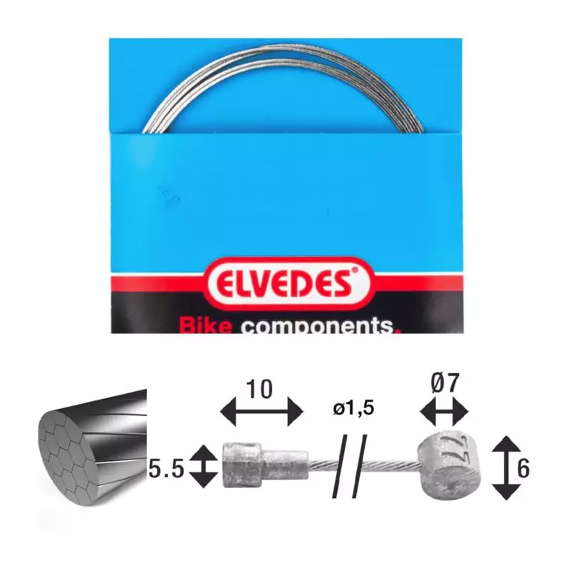 ELVEDES Cable de frein 2 350mm 1x19 fils Stainless Slick diamètre 1,5mm tete en V diamètre 5,5x10 and T-