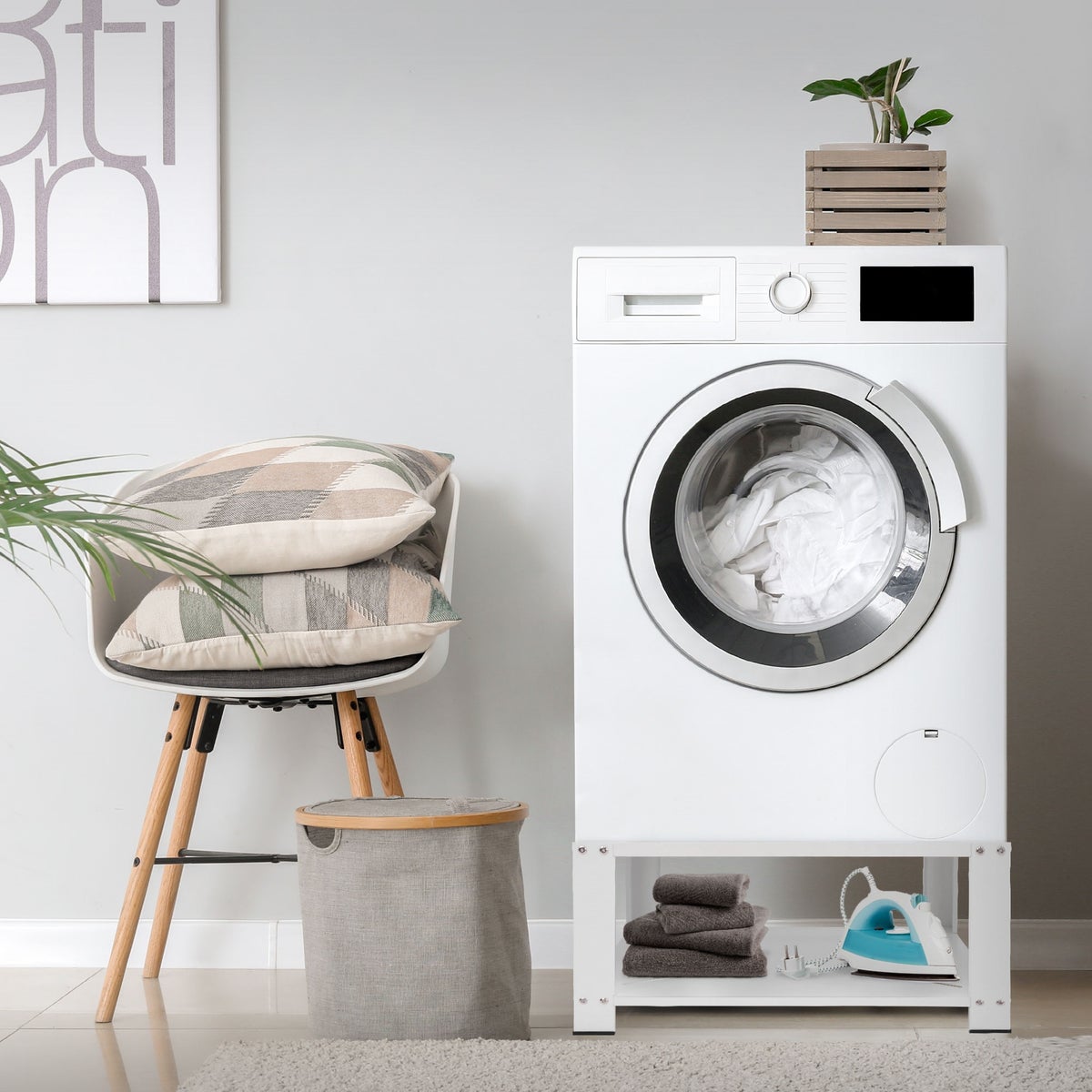 ML-Design Wasmachine Onderstel met Plank 63x54 cm Staal Wit tot 150 kg, Wasmachinekast, Stabiele Wasmachine Onderstel, 32 cm Hoog Platform Uitbreiding Onderstel voor Droger/Koelkast
