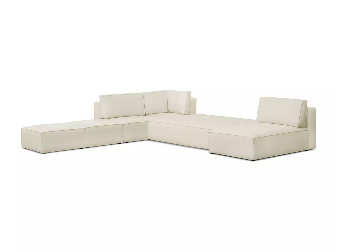 Canapé d'angle à gauche panoramique convertible modulable 8 places avec 2 poufs en tissu bouclé écru - Harper Mod