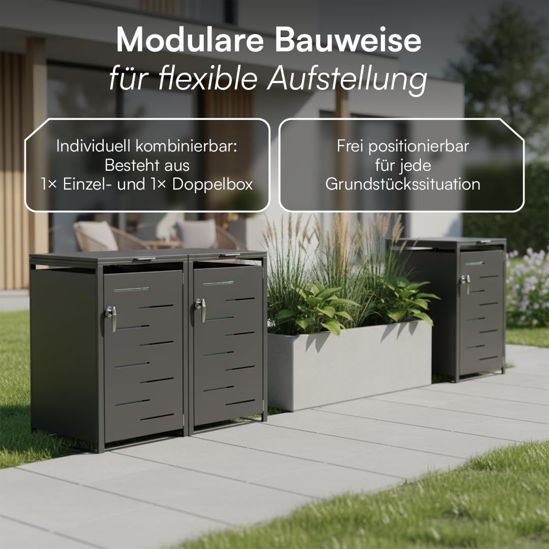 STEELSØN Diorus Mülltonnenbox 3er bis 120L abschließbar – Hochwertige Mülltonnenverkleidung für 3 Tonnen – Müllbox Stahl – Müllcontainer Schwarz - Mülltonnen Box wetterfest – Gerätebox mit Schloss