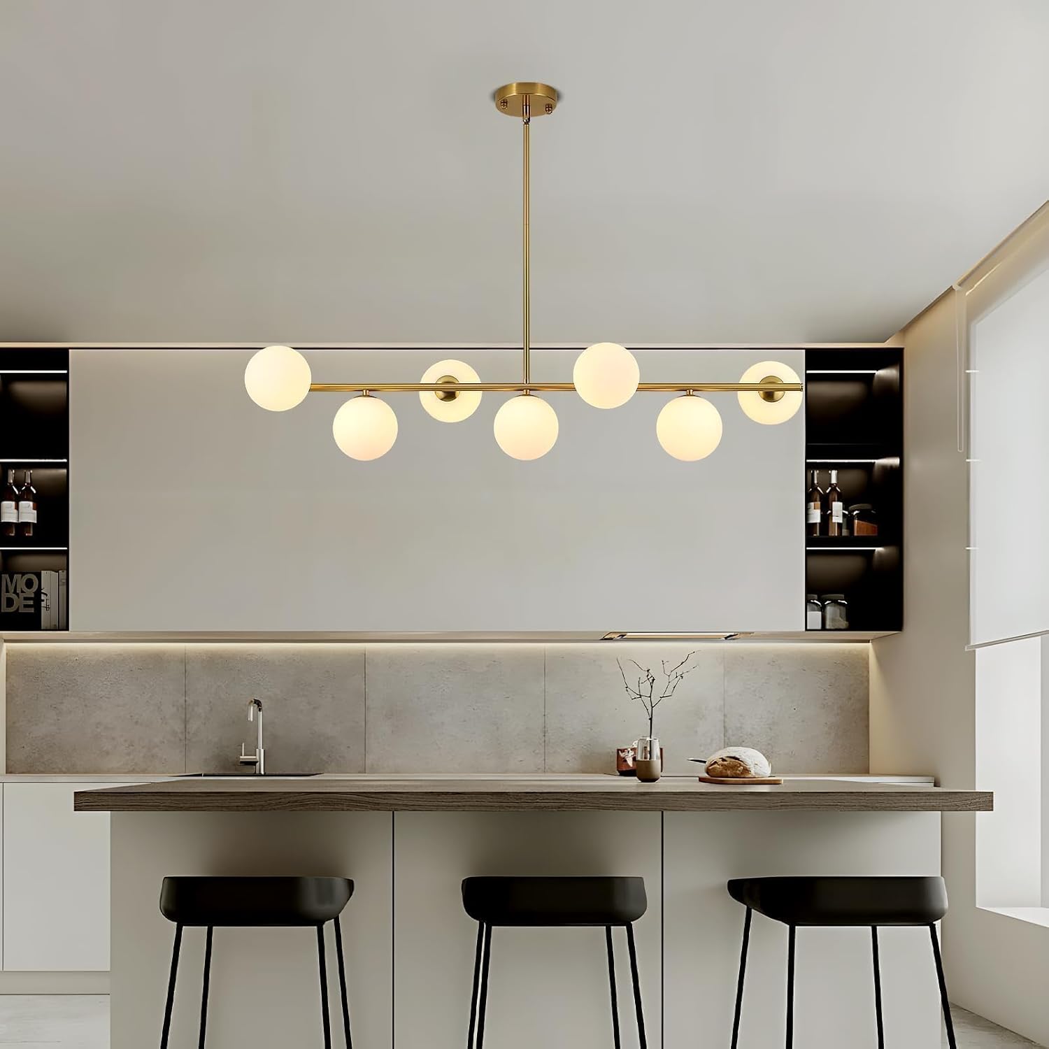 Moderne Pendelleuchte Wohnzimmer Gold,7 WeißE KugelföRmige Glas Lampenschirme Kronleuchter,HäNgeleuchte Zur Dekoration Des Schlafzimmer,Esszimmerlampe,G9 Fassung Esstischlampe,Hotel,KüChe
