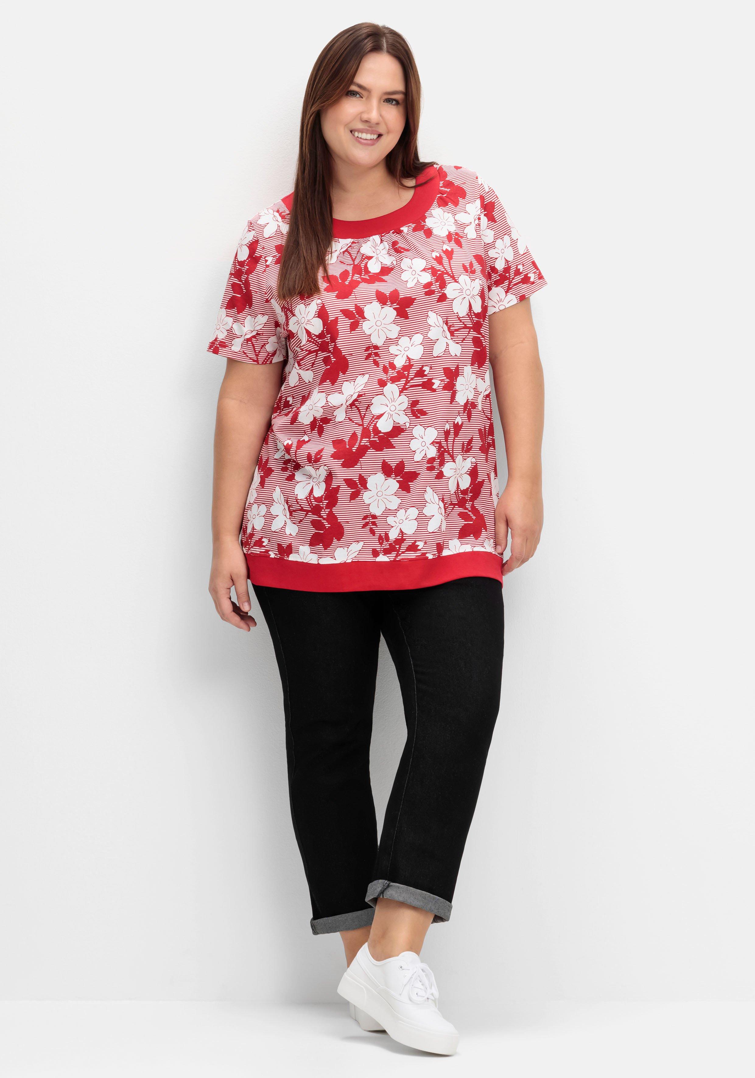 Shirt in leichter A-Linie, mit Blumendruck und Streifen