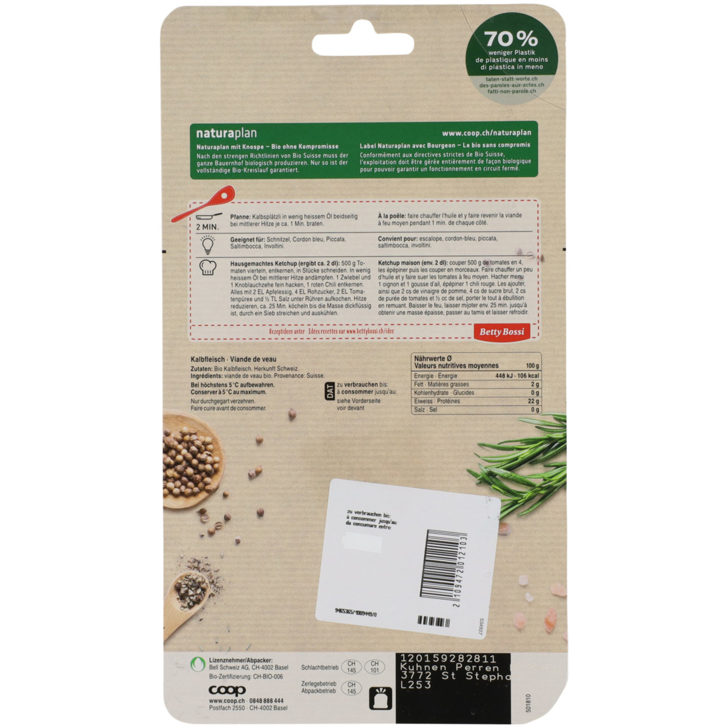 Naturaplan Bio Kalbsplätzli Piccata 3-4 Stück ca. 135g