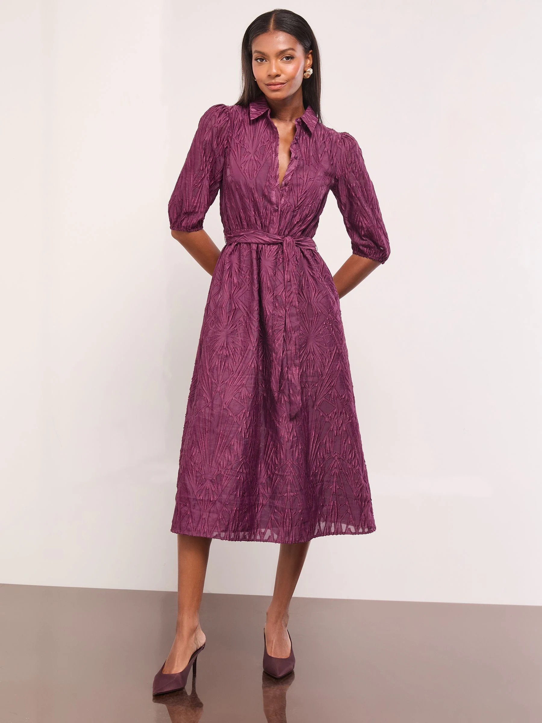 Bordeauxrood - Lipsy Fit And Flare Textured 3/4 Sleeve Button Through Midi Shirt Dress