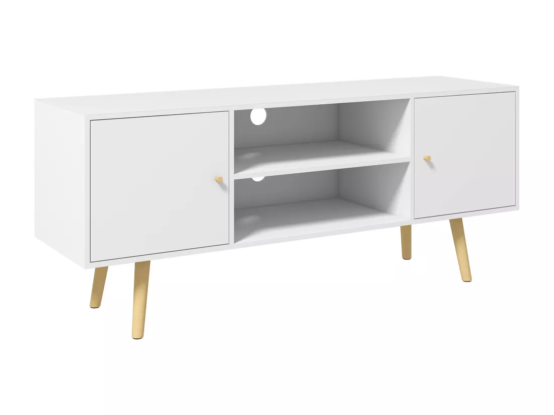 Meuble TV style scandinave 2 portes 2 niches passe-fils piètement bois pin panneaux blanc