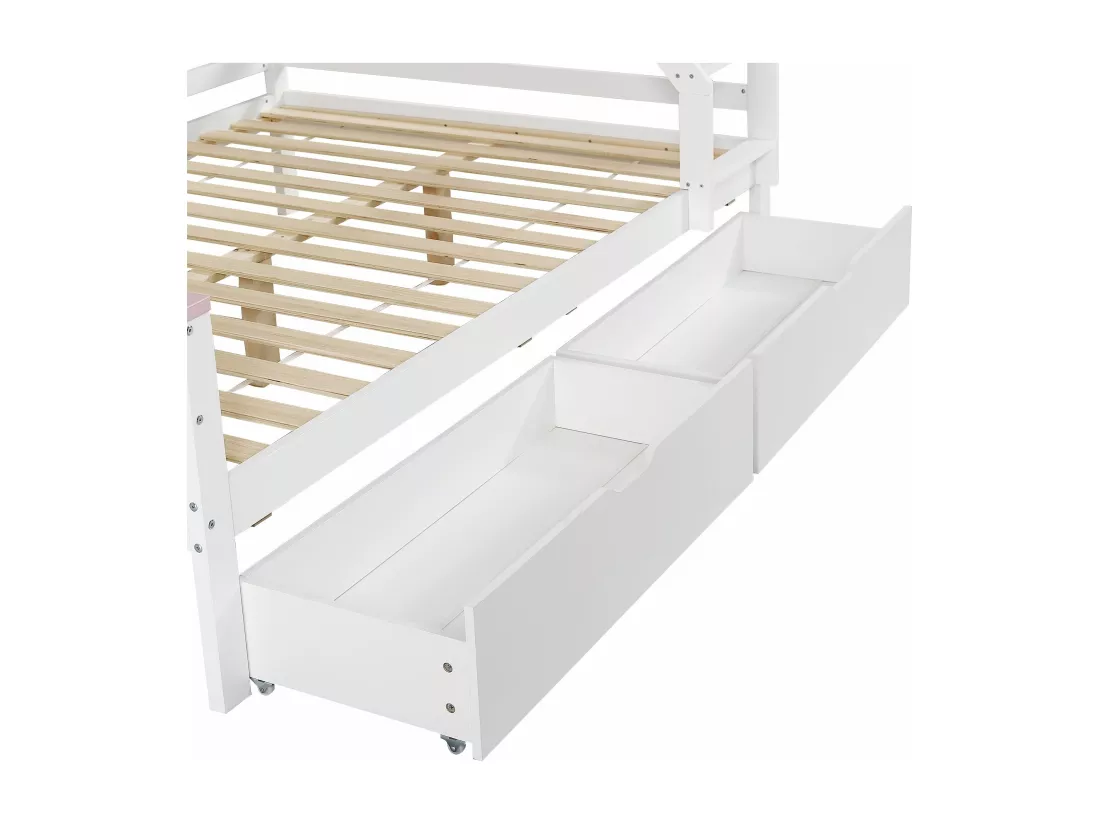 Lit superposé pour enfants 90x200cm+140x200cm , avec tiroirs, fenêtre, forme de fenêtre, pin + MDF, blanc + rose