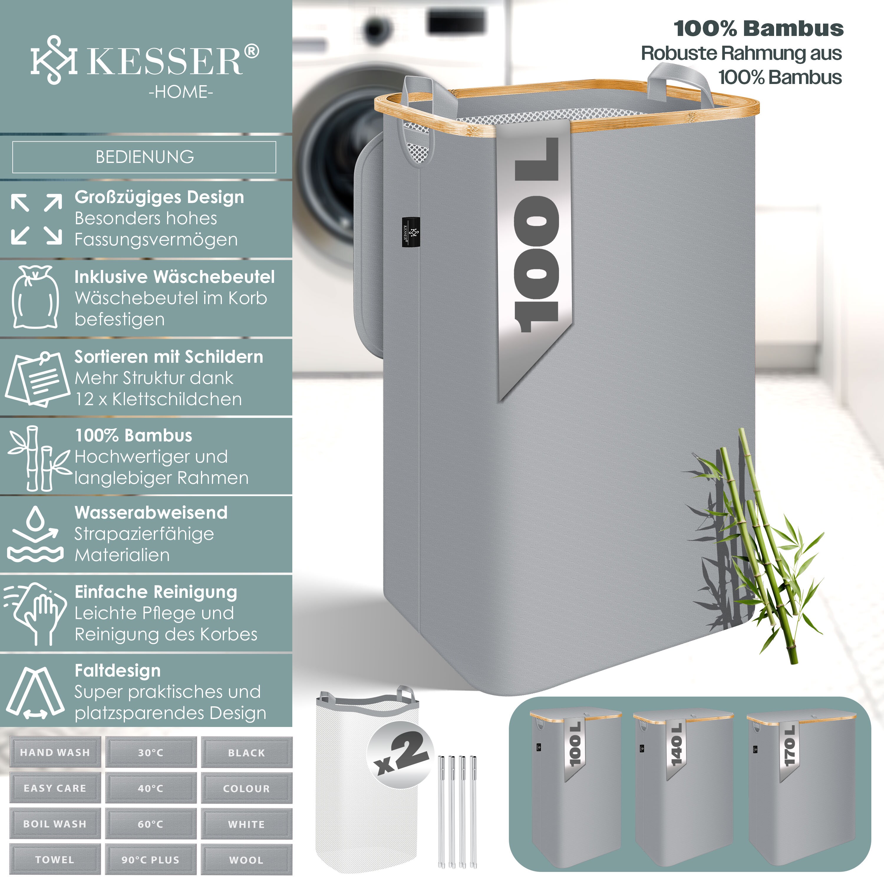 KESSER® Wäschekorb mit Deckel faltbar Wäschebox Wäschetruhe Wäschetonne | Wäschesammler mit herausnehmbaren Wäschesäcke | Laundry Baskets Wäschesortierter inkl. Waschhinweisen