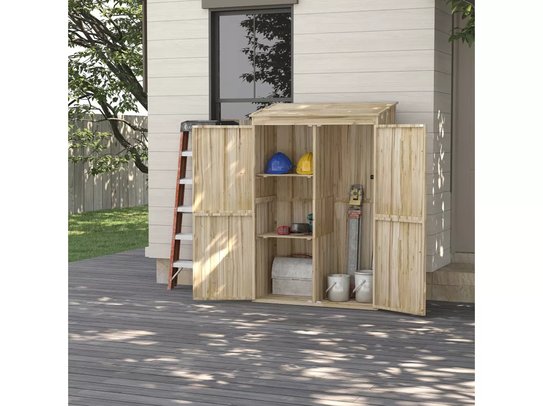 Armoire de jardin 2 portes bois - 2 étagères, grand compartiment - 120 x 57 x 183 cm - sapin pré-huilé