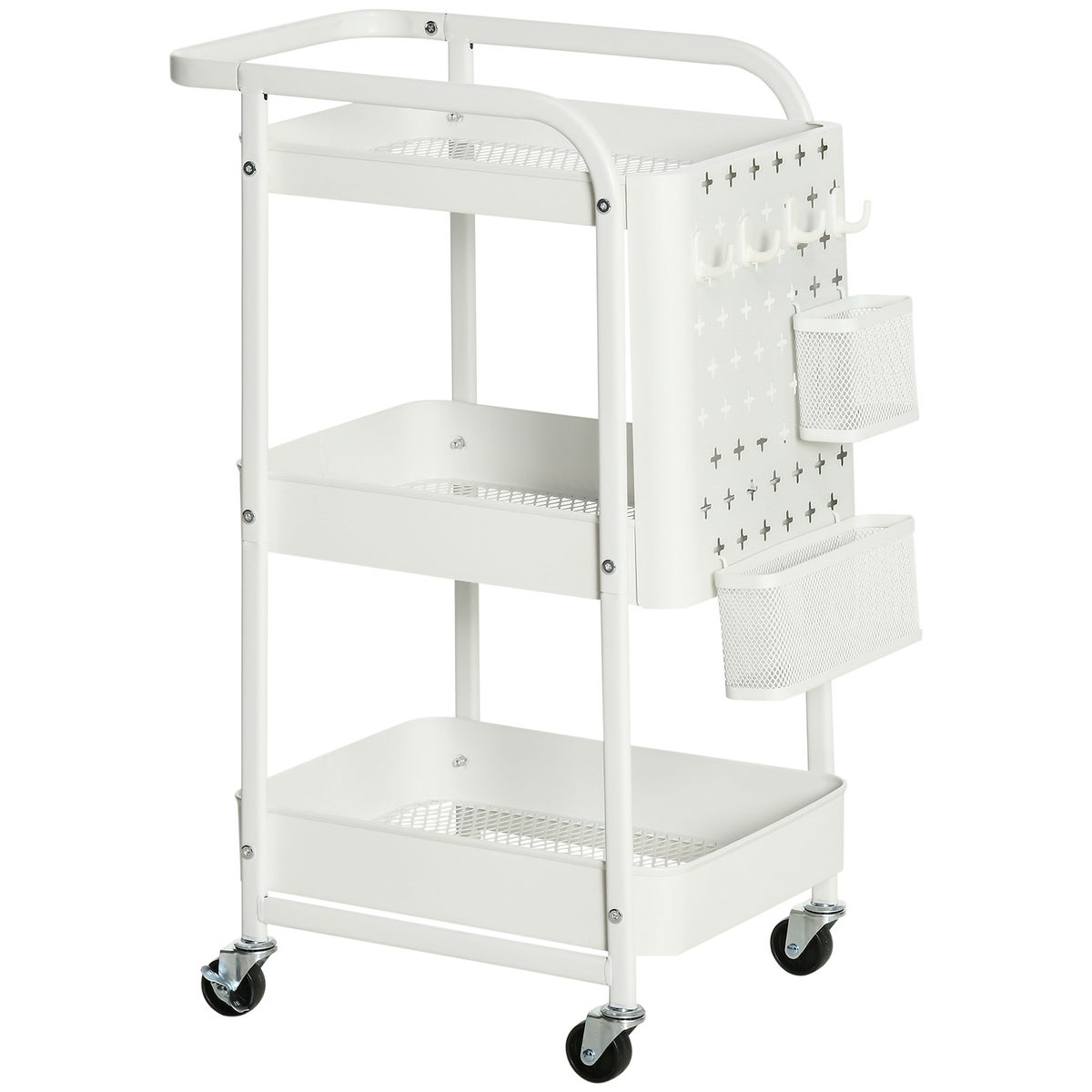 HOMCOM 3-laags verrijdbare keukenwagen met lades en mand voor keuken, kantoor, opbergwagen, serveerwagen, keukenplank met wielen, slaapkamer, woonkamer, staal, wit, 51,5 x 32 x 75,6 cm