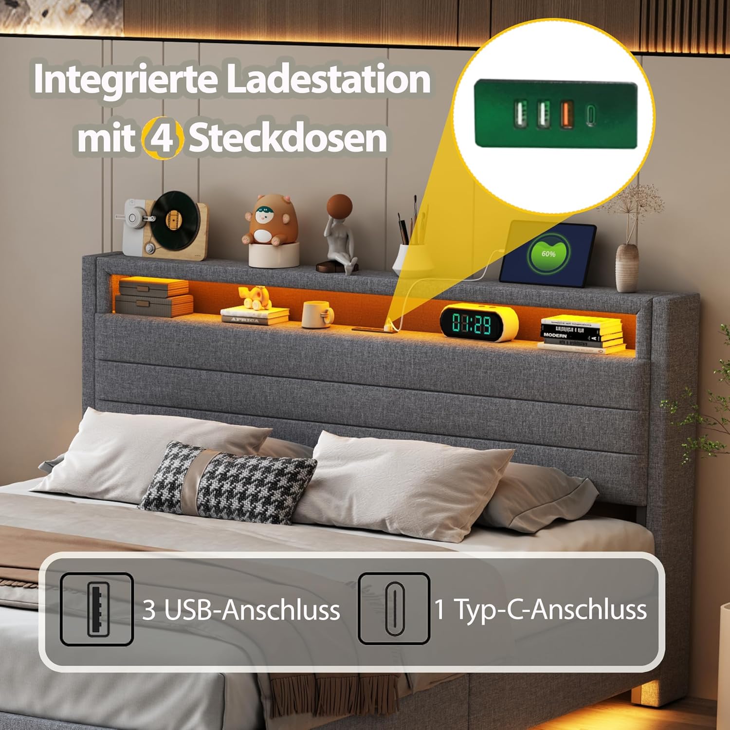 Polsterbett 160x200 cm, Doppelbett Funktionsbett mit USB-Steckdose und LED-Beleuchtung, Hängebett Kopfteil mit Verdeckter Stauraum, Bettgestell Bett mit Lattenrost, Leinen, Ohne Matratze, Grau