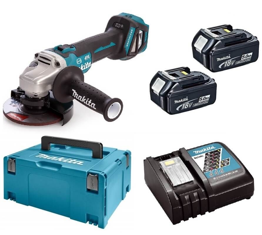 Makita DGA513RTJ 18V Li-ion accu haakse slijper set (2x5.0Ah) accu in Mbox - 125mm - koolborstelloos