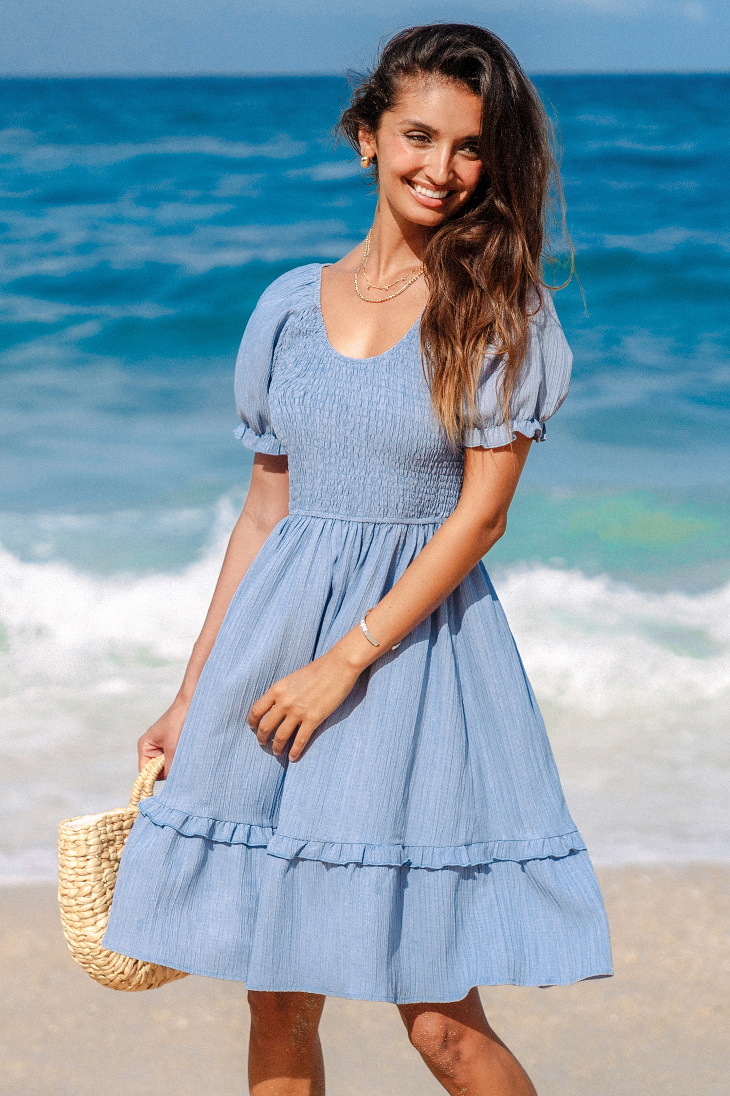 Robe à col rond et manches bouffantes à frill