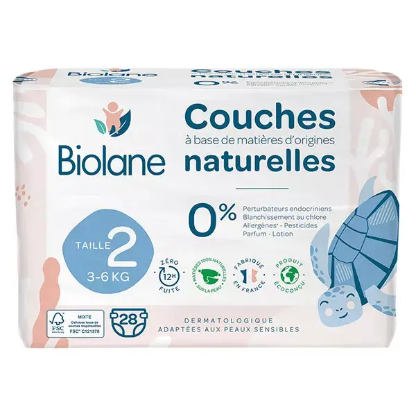 Biolane - Couches Naturelles Taille 2 - Ultra-Absorbant, Pas de Fuite - 28 unités