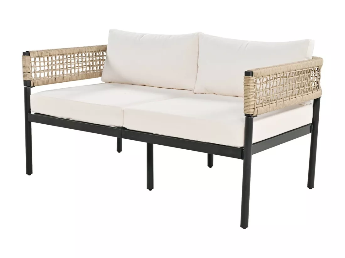 Salon de jardin en fer galvanisé: canapé 2 places + 2 fauteuils + table basse en verre, coussins beige, pieds réglables