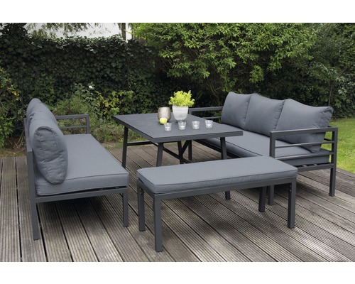 Garden Place Freya Alu 6-persoons 4-delige tuinmeubelset inclusief tafel 150 x 75 x 65 cm met 5 mm spray-stone veiligheidsglas blad en zitkussens, antraciet aluminium