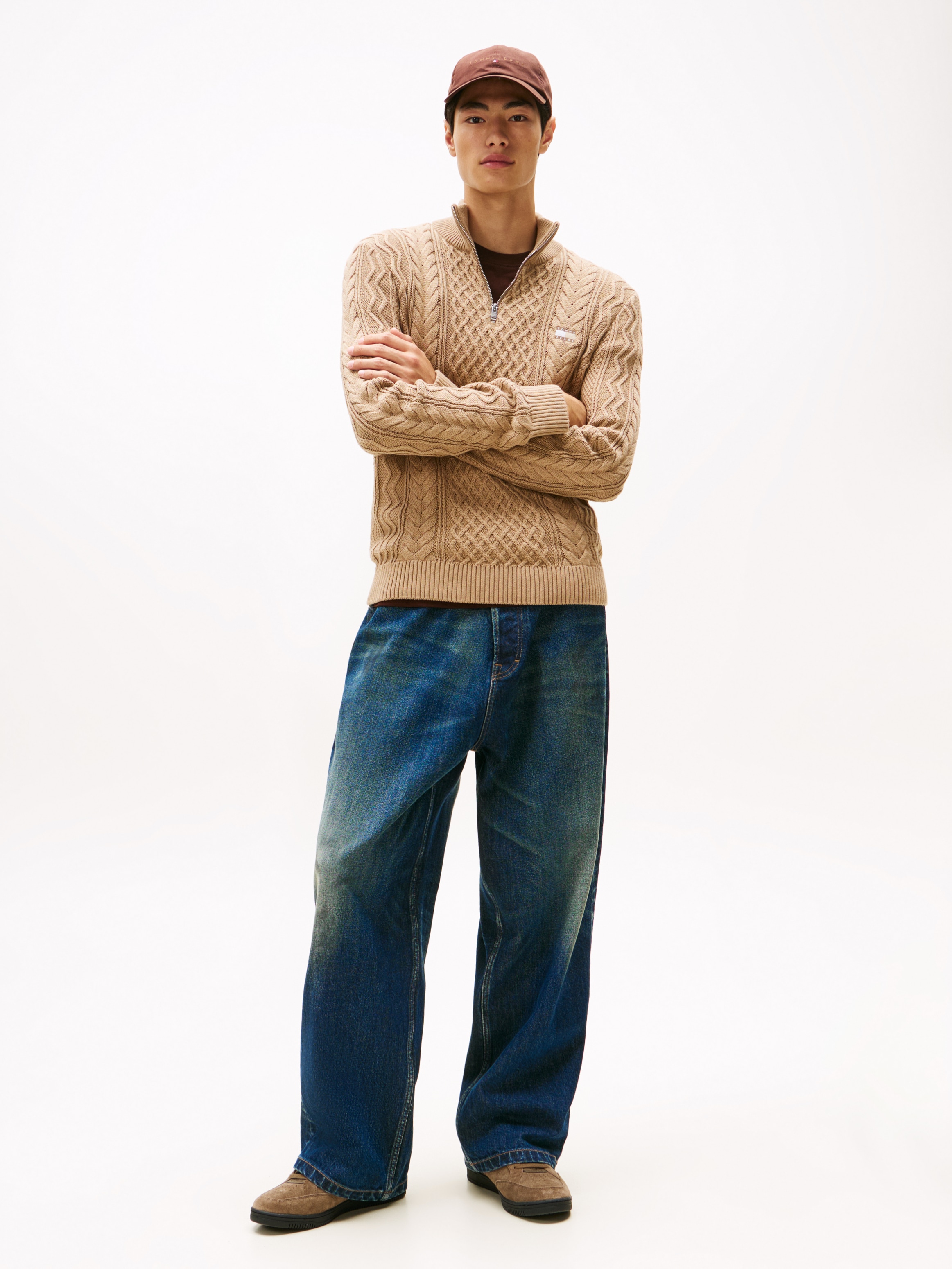 Tommy Jeans Strickpullover , Troyer-Kragen mit Reissverschluss, slim fit, Zopfstrick-Muster