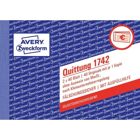 Avery Zweckform 1742 Quittung Kleinunternehmer ohne MwSt., A6 quer, selbstdurchschreibend, 2x40 Blatt