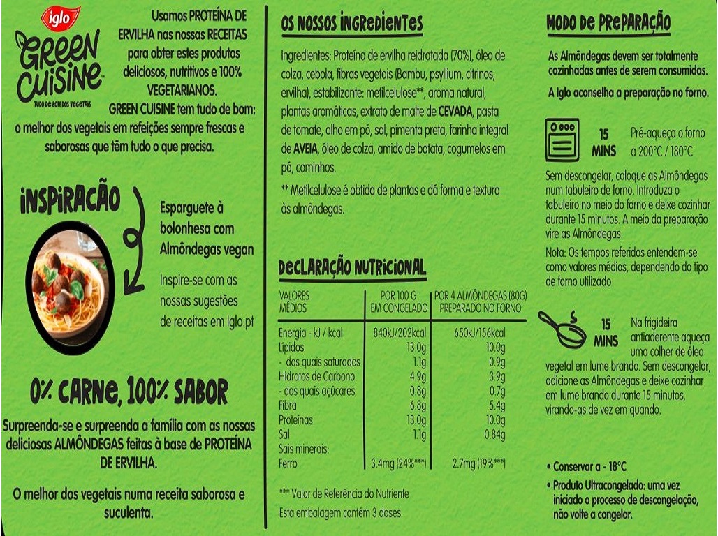 ALMÔNDEGAS IGLO GREEN CUISINE PROTEINA VEGETAL 10UN 240G