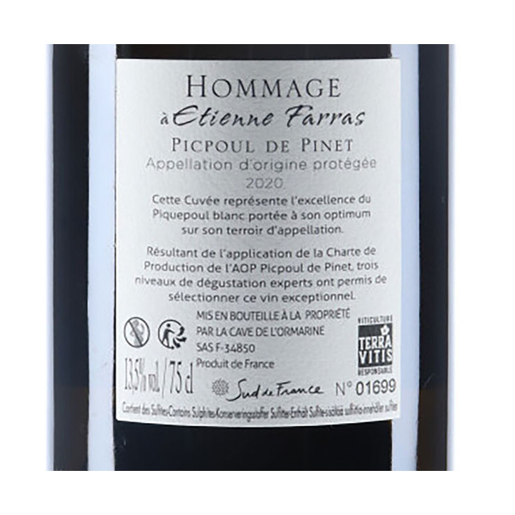 Cave de l'Ormarine Picpoul de Pinet Hommage à Etienne Farras 2020