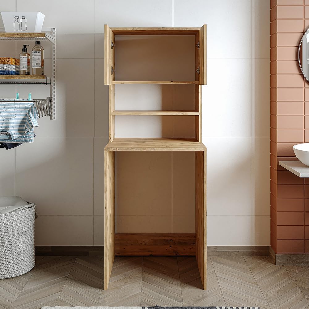 Badezimmer, Waschmaschinenüberbau, Waschturm, Waschmachinenregal, BHT: 65 x 181 x 60 cm (Eiche)