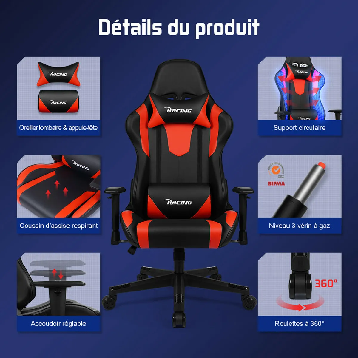 Lexzurn Fauteuil gaming incl. - Rouge