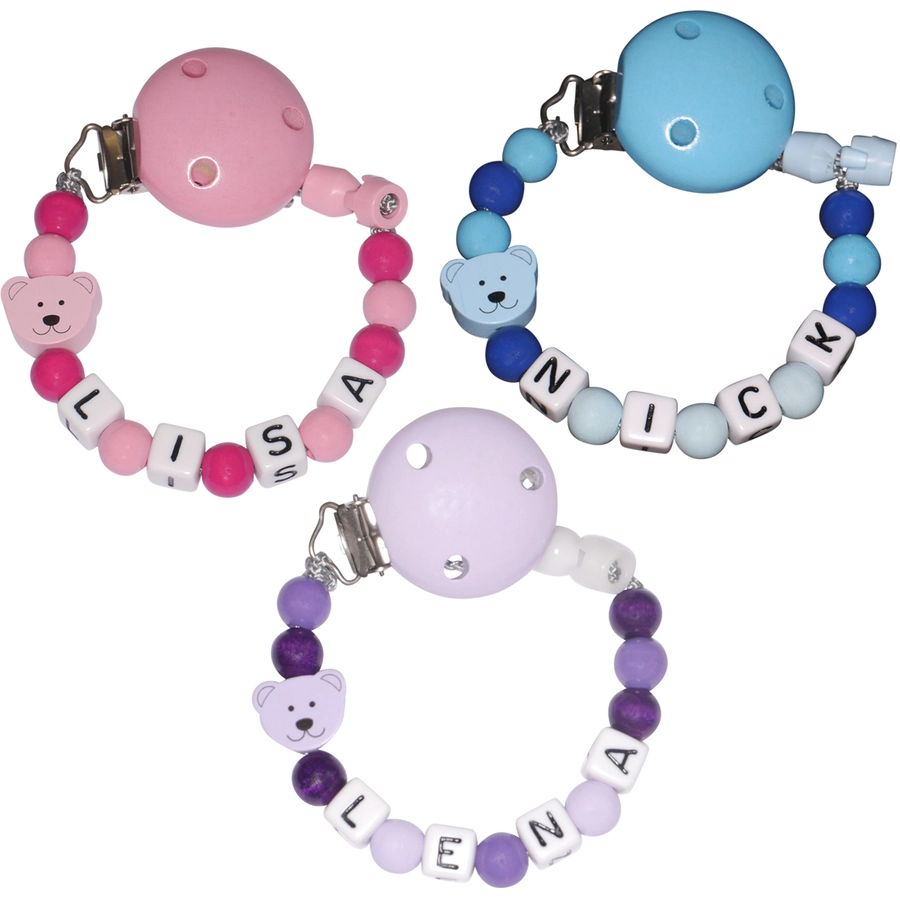 Schnullireich Schnullerkette mit Namen Kleiner Bär Blau