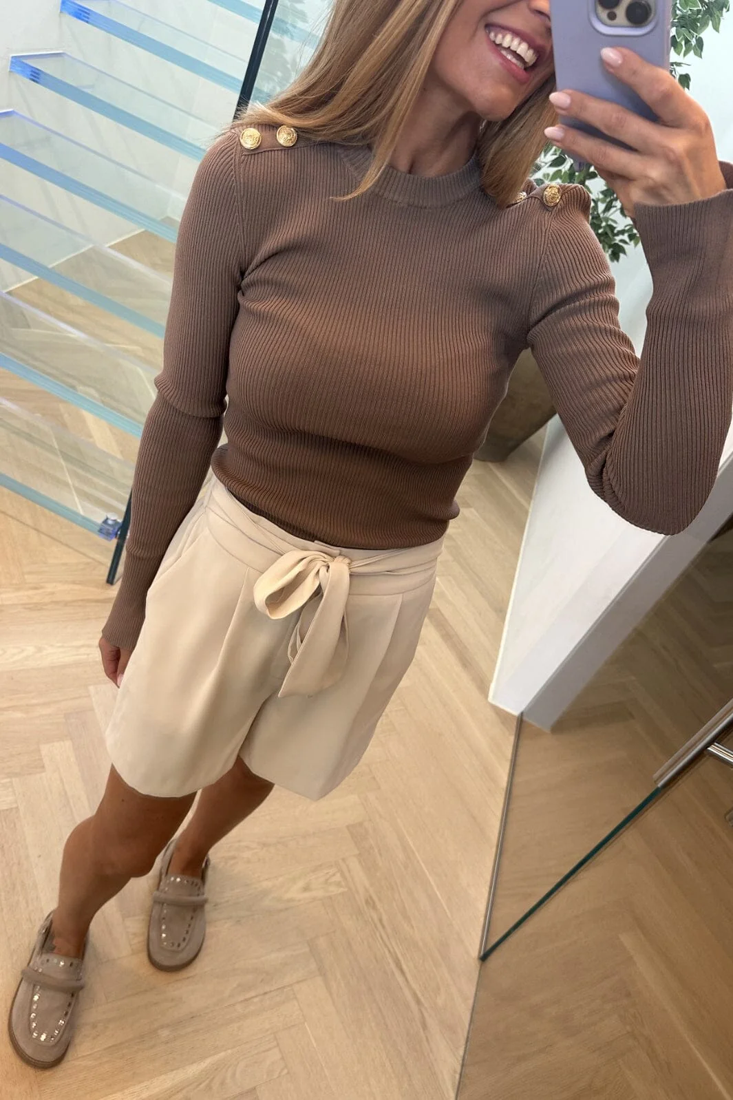 Valentin Studio Gold Button Knit Blouse camel