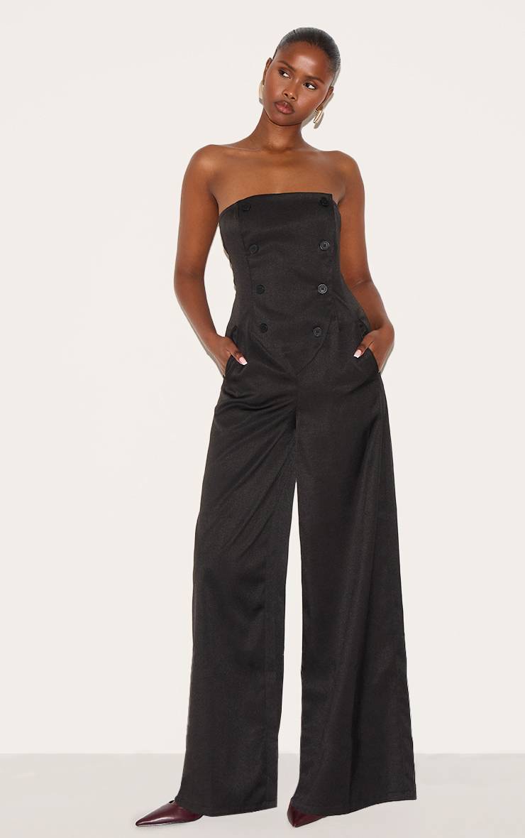 Noir Combinaison Bandeau Jambe Large Boutonnée En Tissu Tissé Ajusté