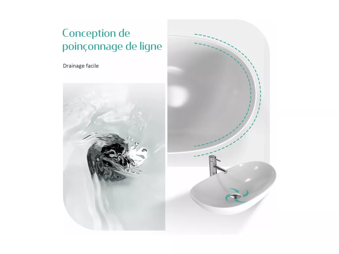 EMKE Vasque à Poser en céramique 61,5×36×15,5cm, Lavabo salle de bain Ovale, Lavabo à poser blanc brillant