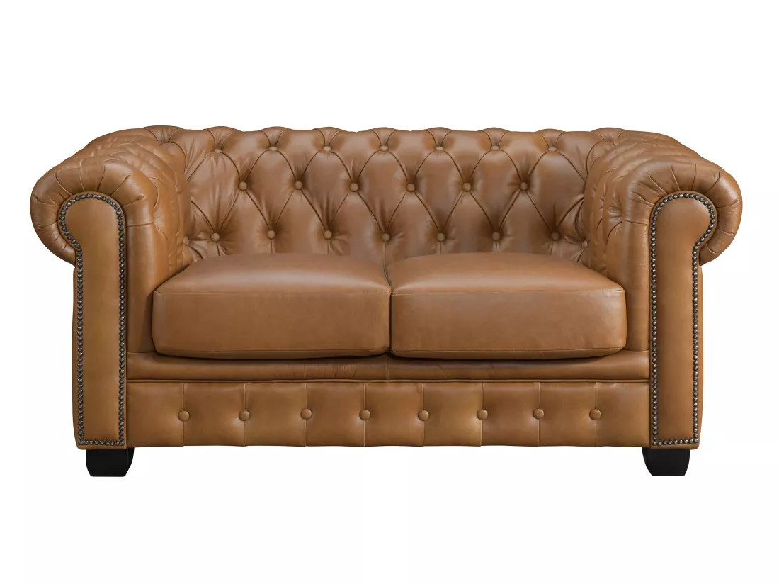 Canapés chesterfield 3 places 2 places et un fauteuil BRENTON 100% cuir de buffle premium - Caramel vintage