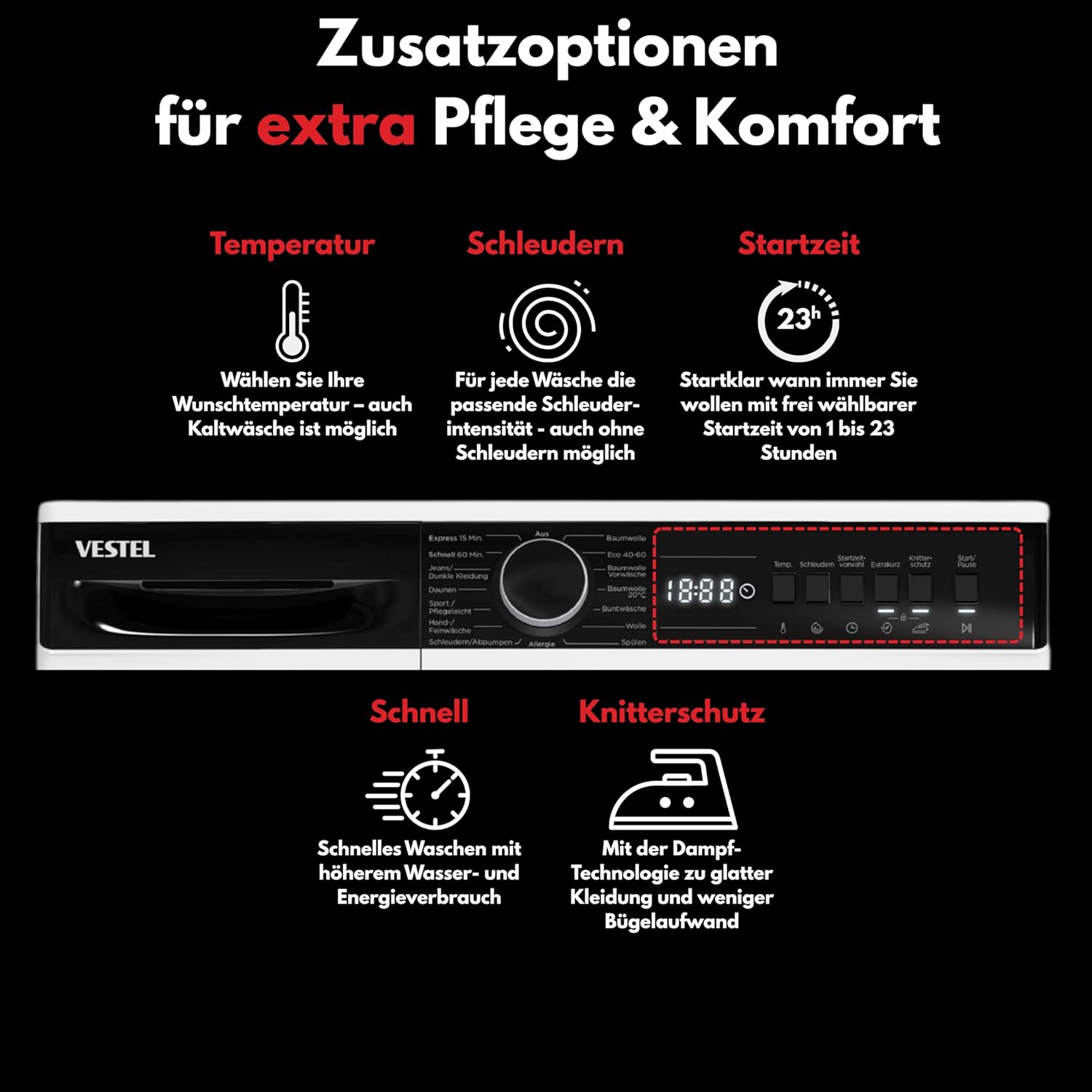 VESTEL VG-WFT2843WA Waschmaschine Frontlader/A / 8 kg / 1400 U/min/Adanced Inverter Motor / 15 Programme inkl. 12 min Kurzprogramm/AquaStop/Weiß