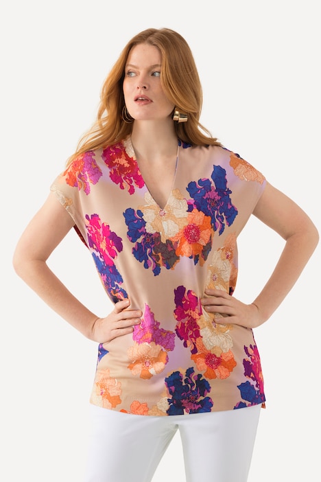 T-Shirt, Blüten-Design, Classic, V-Ausschnitt, Halbarm