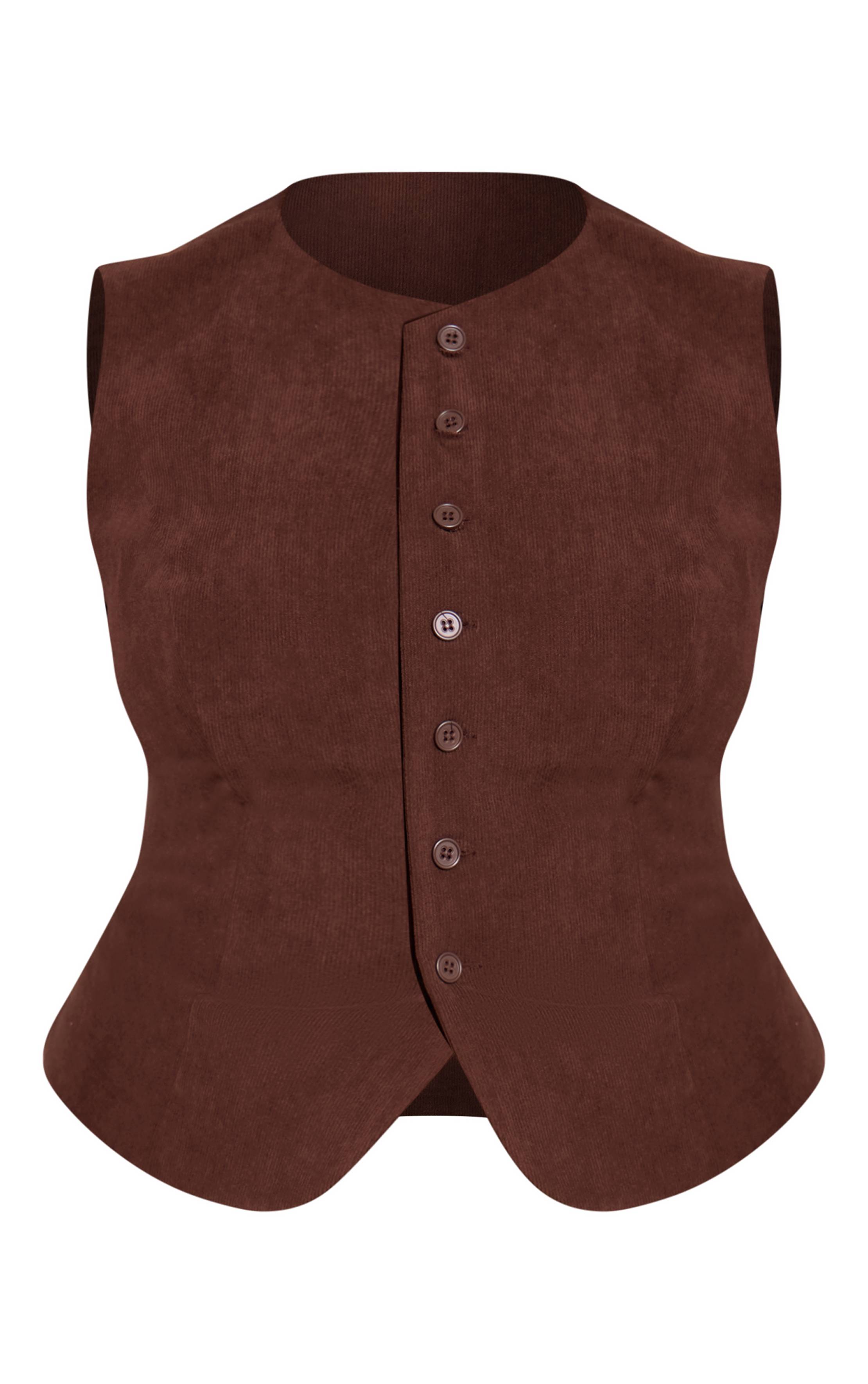 Marron Foncé Gilet Ajusté En Velours Côtelé Grande Taille