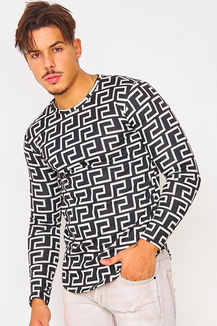 Pull noir à motif grec blanc