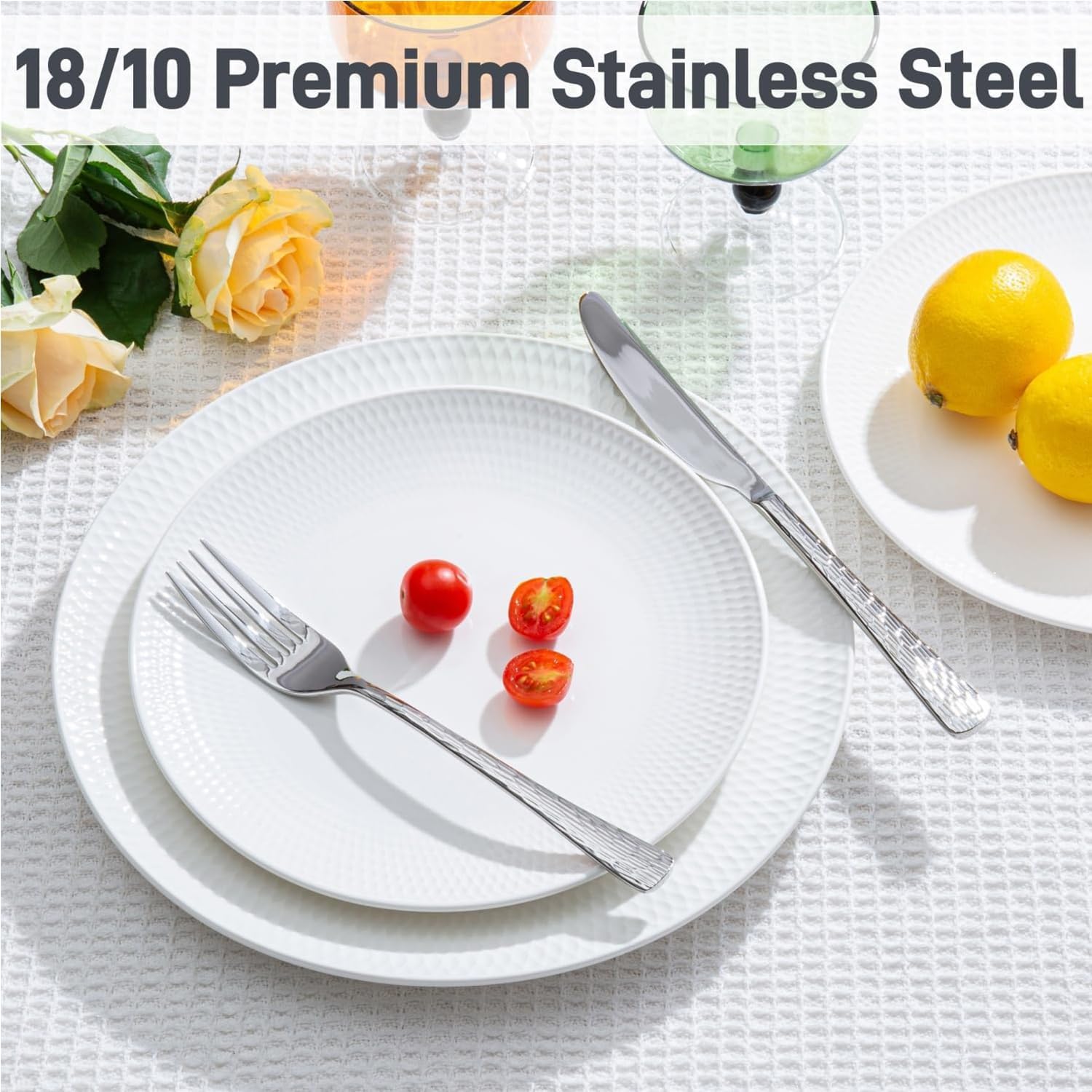 HIKAA Besteck Set 12 Personen, 60-Teiliges Gehämmert Essbesteck, 18/10 Premium Edelstahl Besteckset mit Einzigartigem Wellenmuster-Design, Cutlery Set Hochglanzpoliert – Spülmaschinenfest (Silber)