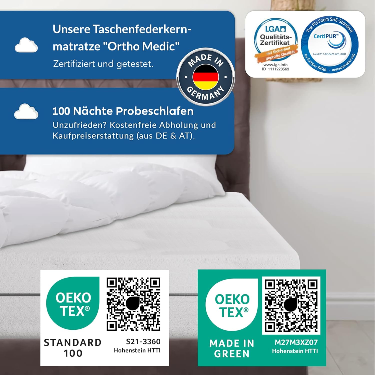 BMM Matratze 90x200 cm Ortho Medic Taschenfederkernmatratze Härtegrad H3/Öko-Tex Zertifiziert/ergonomische 7 Zonen Matratze Höhe 21 cm/Matratzen produziert in Deutschland