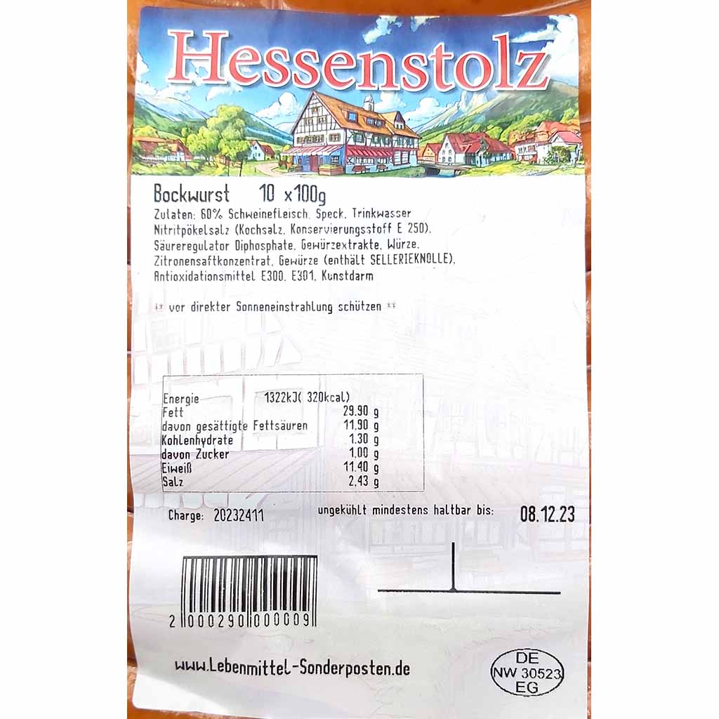Hessenstolz Bockwurst 10 x 100g = 1kg MHD:21.12.24