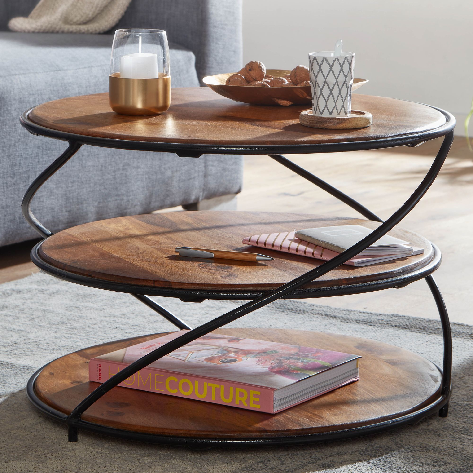 KADIMA DESIGN Sheesham-Massivholz Couchtisch, außergewöhnliches Design, 58x58 cm, 3 Ablageflächen, Robust