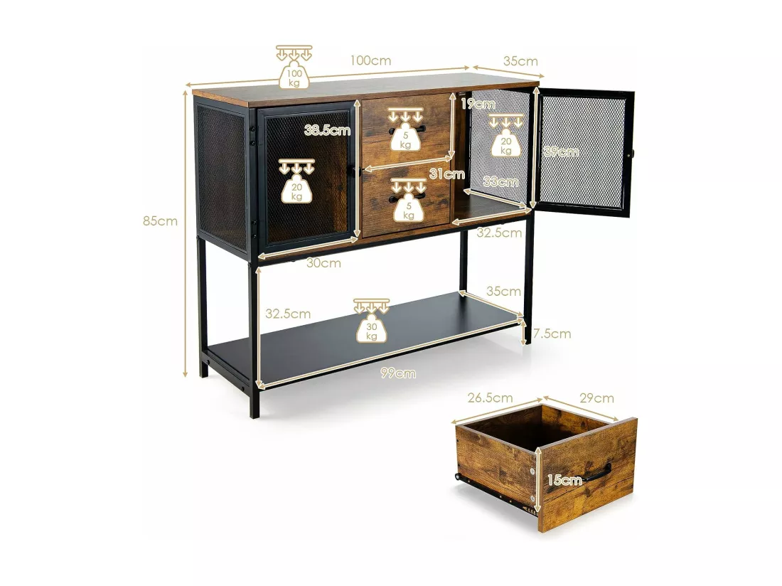 Buffet Salle à Manger, Buffet Salon Industriel avec 2 Placards, 2 Tiroirs, 2 Portes en Maille Fer, Meuble Cuisine Rangement, Marron Rustique, 100 X 35 X 85 CM