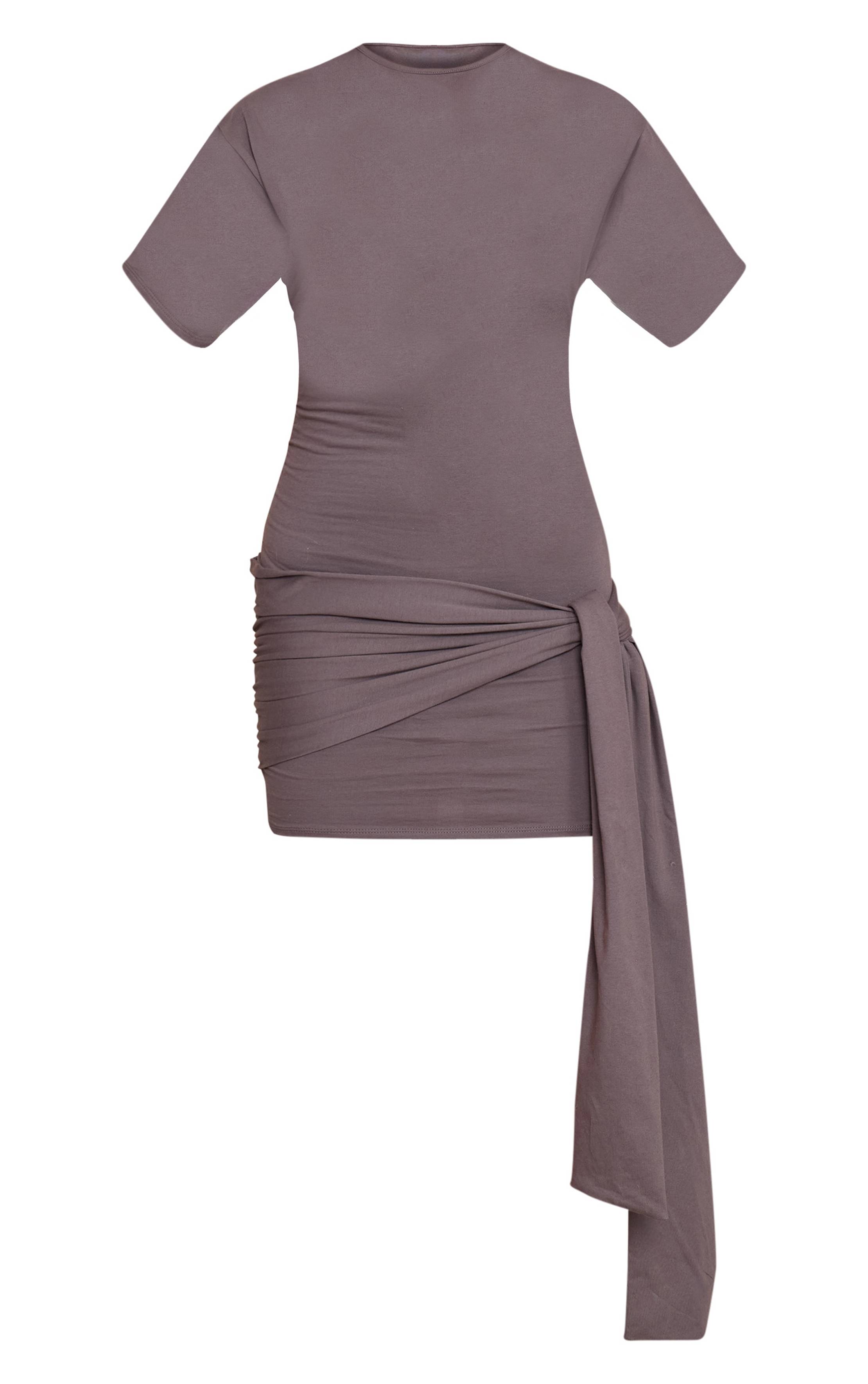 Gris Robe Moulante À Manches Courtes Avec Lien À Nouer