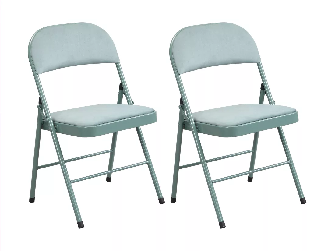 Lot de 2 chaises pliantes en velours et métal - Vert amande - ORTENSIA