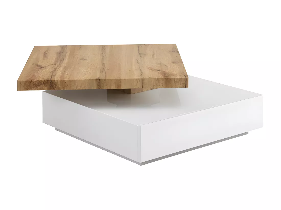 Table basse pivotante avec 1 tiroir en MDF - Blanc et Naturel - KYRIA