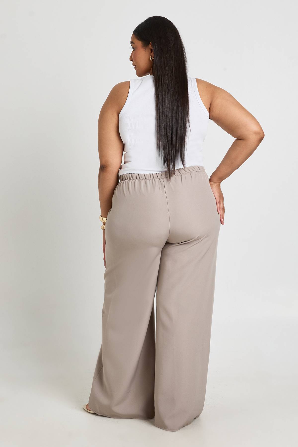 boohoo Pantalon Grande Taille À Jambes Larges Avec Taille Élastiquée Et Cordon De Serrage Tissé