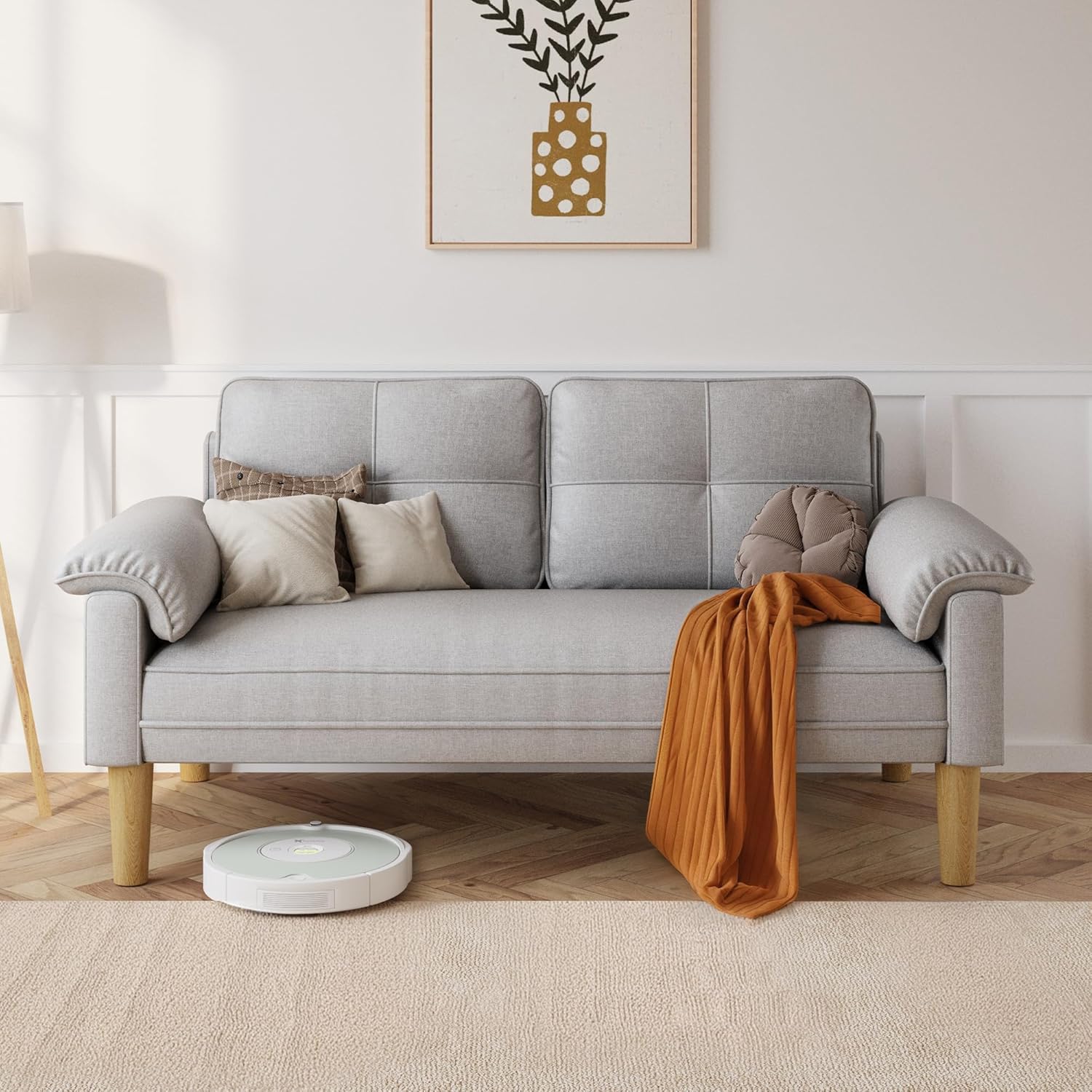 Xbro Couch 2 Sitzer, Kleine Sofa 2 Sitzer mit Armlehne und Seitentasche, Modernes Stoffcouch für Wohnzimmer,Wohnung,Büro,Einfache Montage, 144 x 77 x 77 cm, Hellgrau
