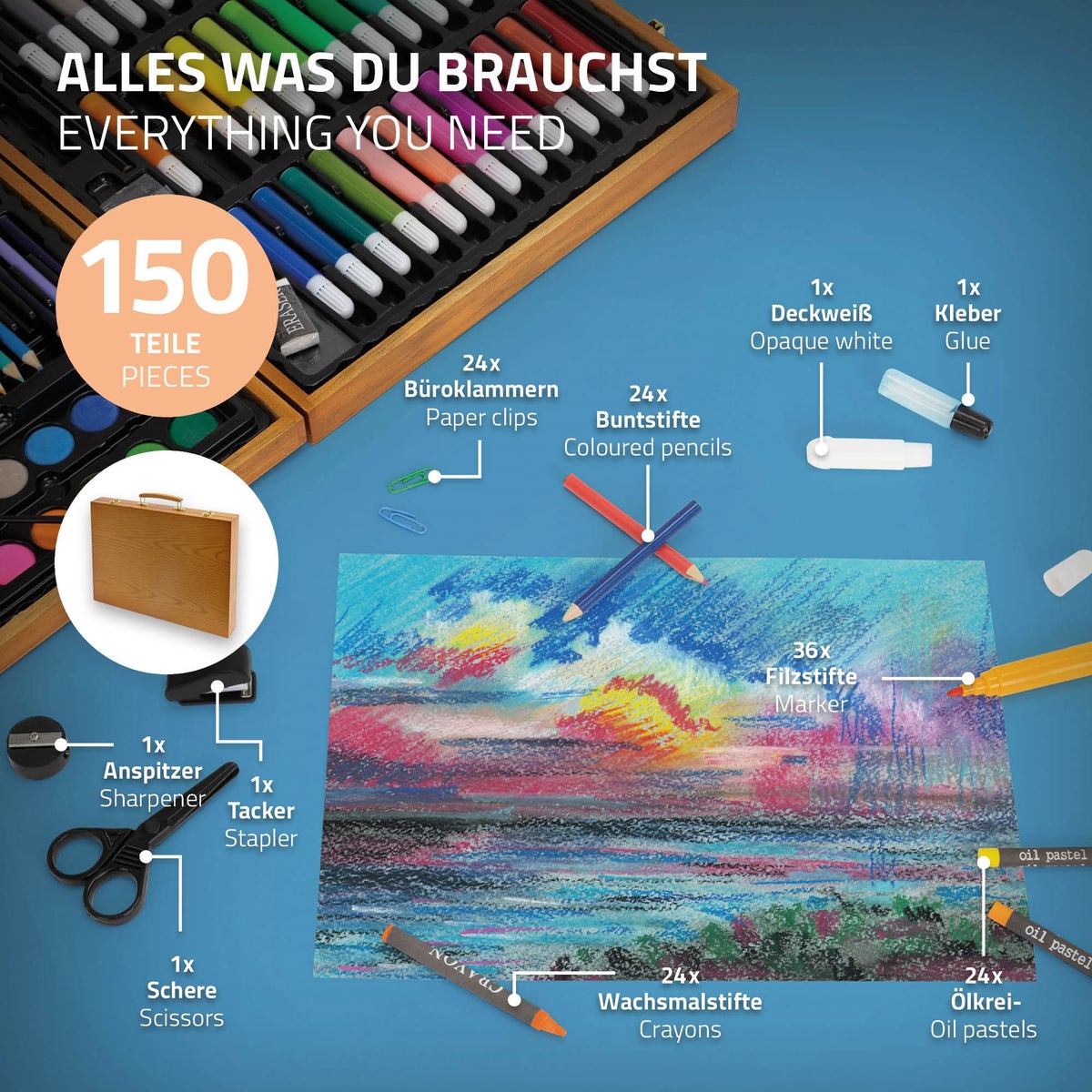 ECD Germany 150-delige schilderset met houten kist, schilderkist, verfdoos, kunst- en tekenset, acrylverf, kleurpotloden, kleurpotloden, waterverf en accessoires, kunstenaarsset voor tekenen, kunstbenodigdheden