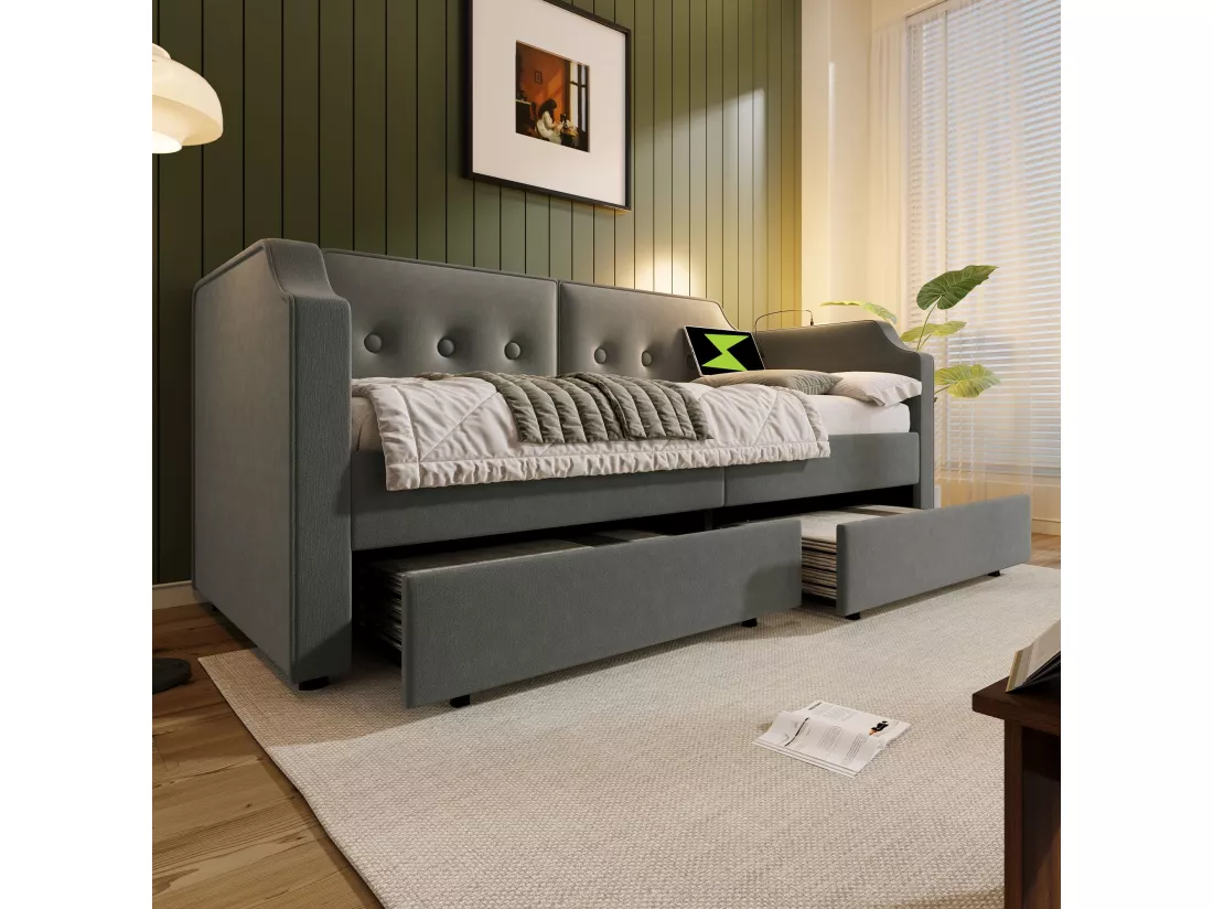 Canapé-lit rembourré 90x200 cm, avec liseuse USB Type-C, avec 2 tiroirs de rangement, gris (sans matelas).