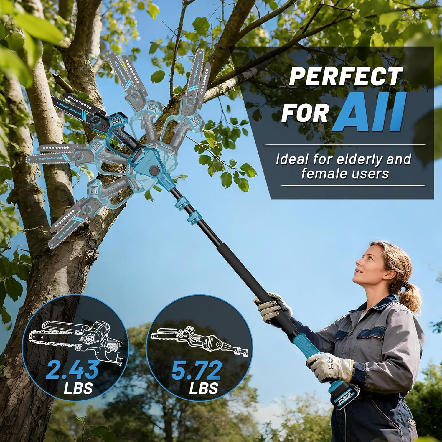 3-In-1 Akku Hochentaster,6&8 Zoll Mini Kettensäge mit 2X 4,0Ah Akku,Handkettensäge mit Teleskopstange Linkshänderfreundlich, 180° Abwinkelbarer,Arbeitslänge bis zu 4,57m für Gartenpflege,Baumschnitt