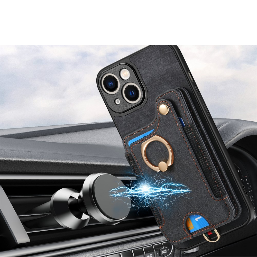 iPhone 14 Necklace Leder Hülle mit Kartenfächer   Finger Griff Halterung   Handykette (RFID Schutz) - Schwarz