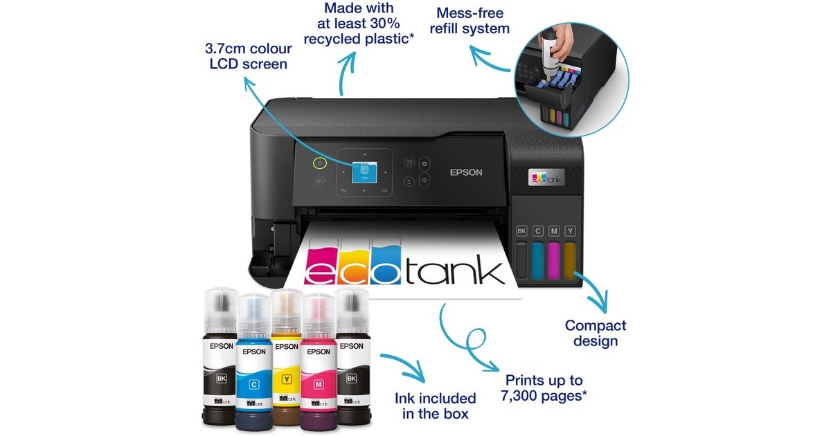 EpsonEcoTank ET-2840 A4 multifunctionele Wi-Fi-printer met inkttank all-in-one inkjetprinter  (Zwart, Scannen, Kopiëren, Wi-Fi, inclusief tot 3 jaar inkt)
